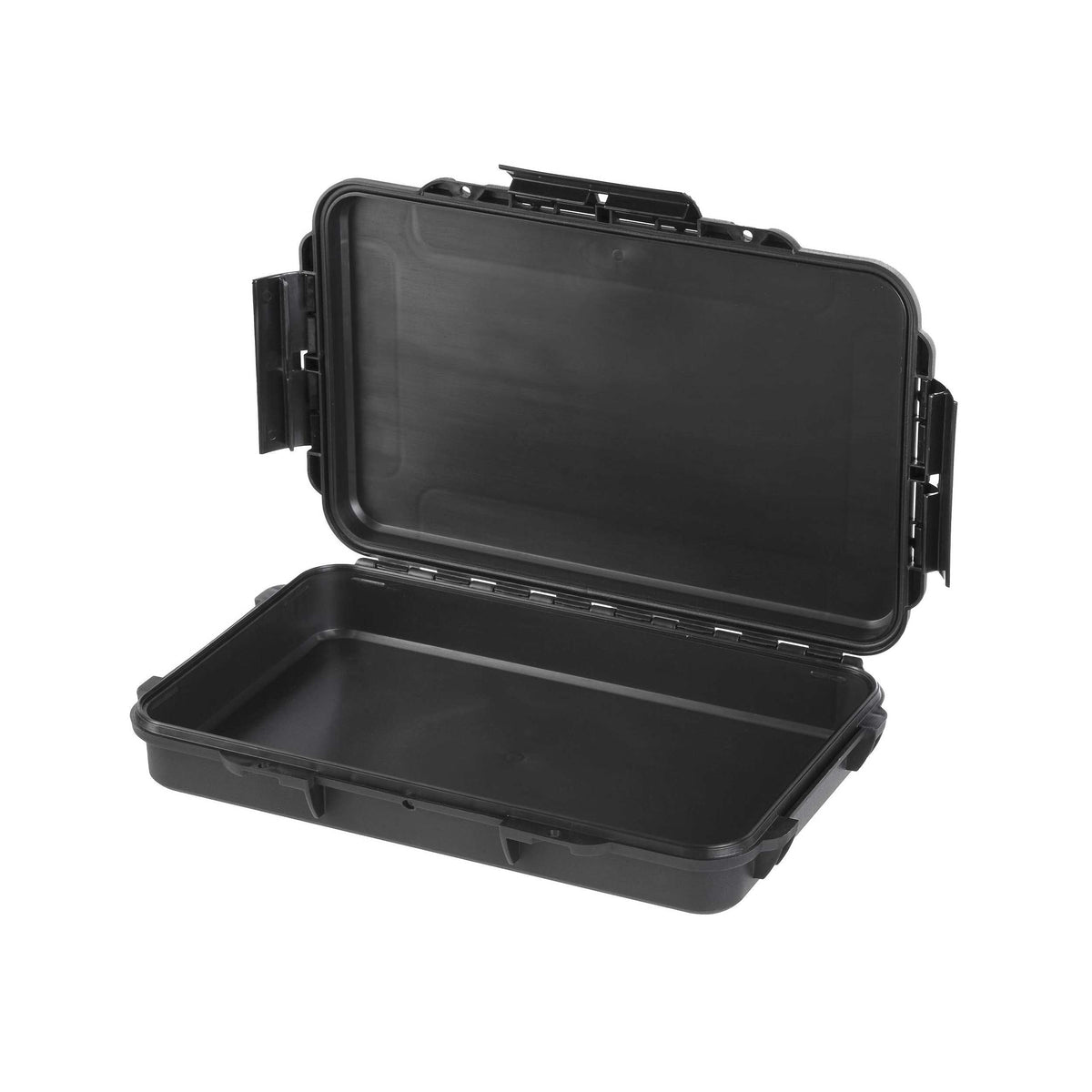 MAX003 black case open and empty, lid raised to show the plain lid recess, seal channel and shallow base