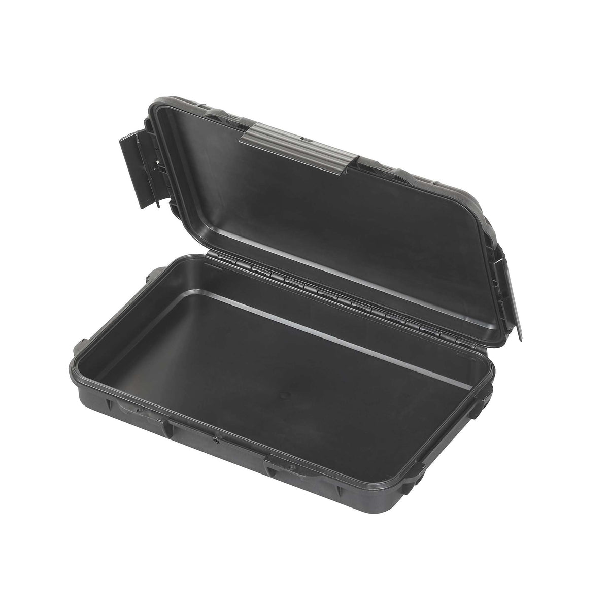 Side angle of the empty MAX003 opened, showing the full-length hinge and the depth of the black base