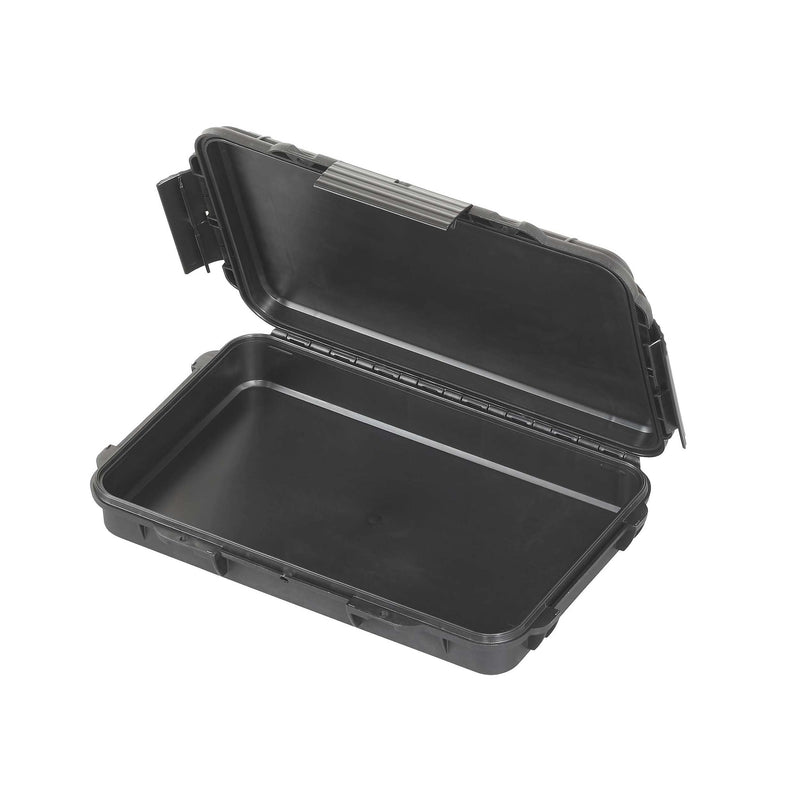 Side angle of the empty MAX003 opened, showing the full-length hinge and the depth of the black base
