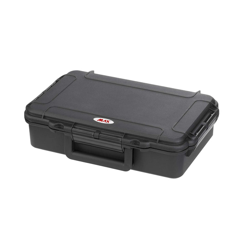Closed MAX004 in black seen from an angle, showing the front handle, two latches and the red MAX logo
