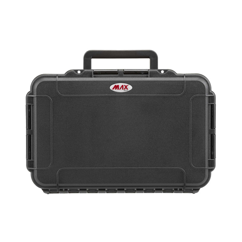 MAX004 case standing upright in front view, handle up, with the flat textured lid face