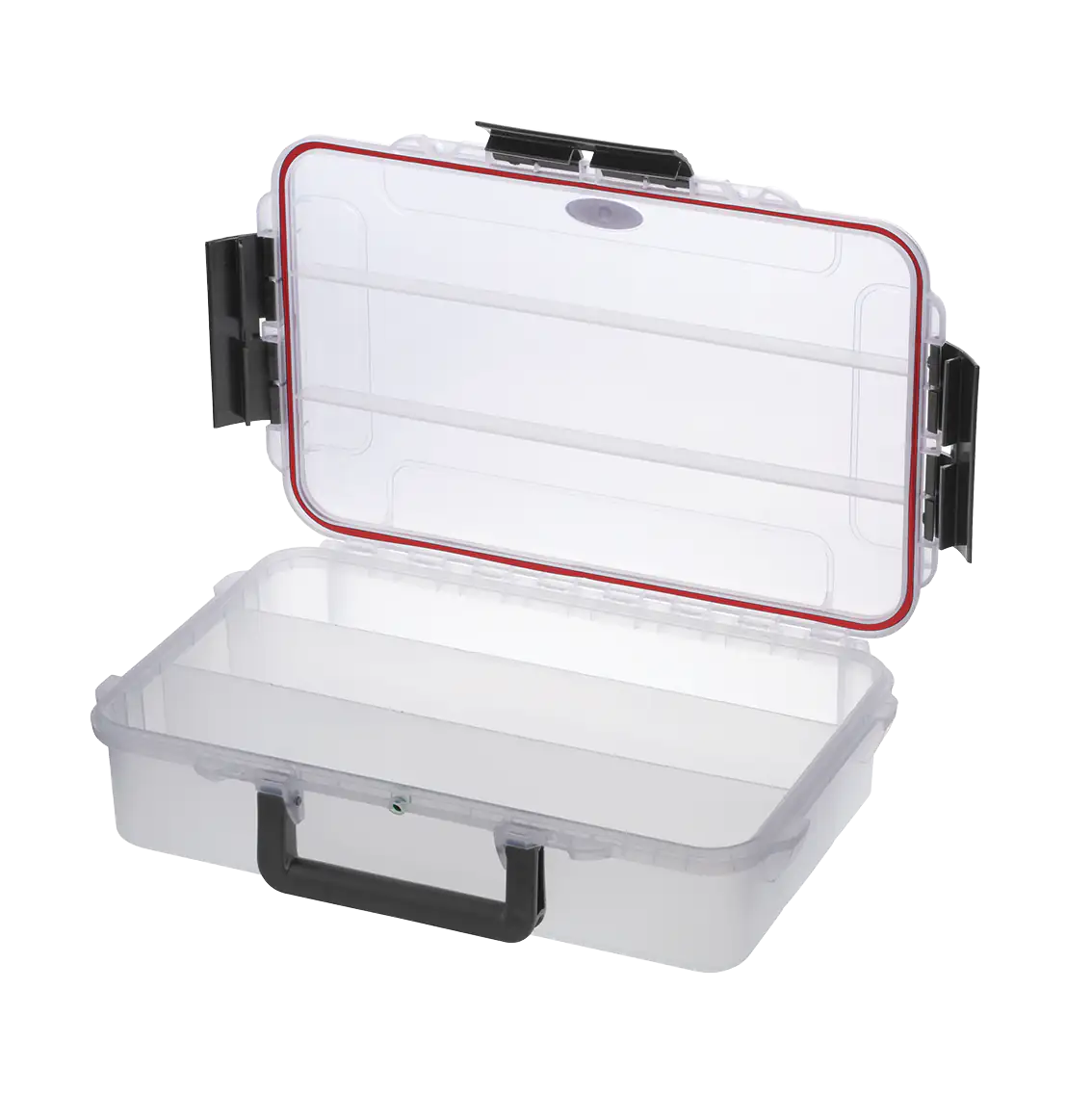 Panaro MAX004T waterproof case in transparent with 3 Compartments, closed front view showing latches and moulded shell