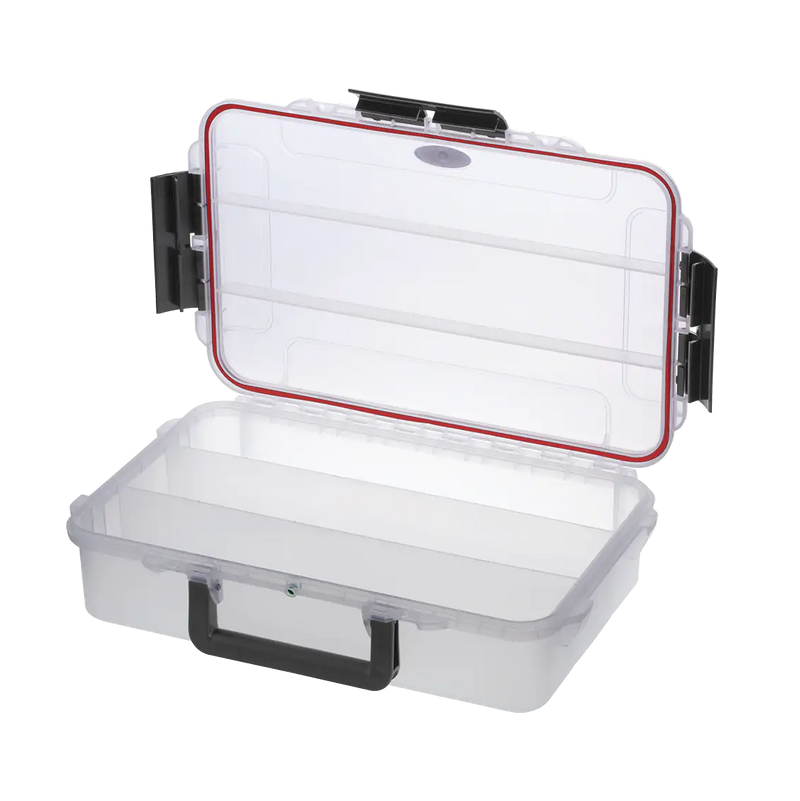 Panaro MAX004T waterproof case in transparent with 3 Compartments, closed front view showing latches and moulded shell