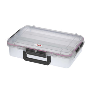 Panaro MAX004T transparent case closed, angled view of the clear shell, pink lid seal, black latches and handle