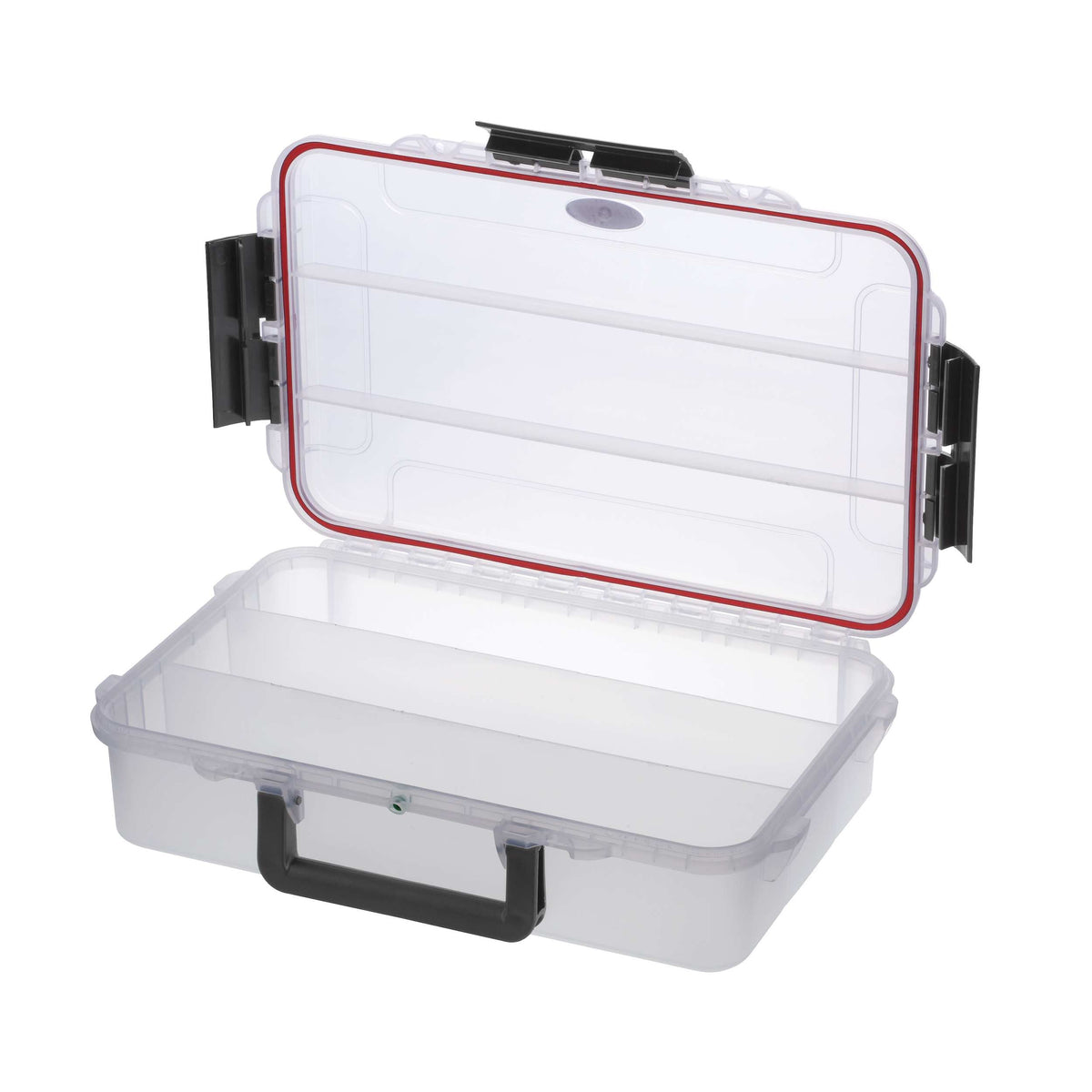 MAX004T opened with the clear lid raised and the clear base divided into three long compartments