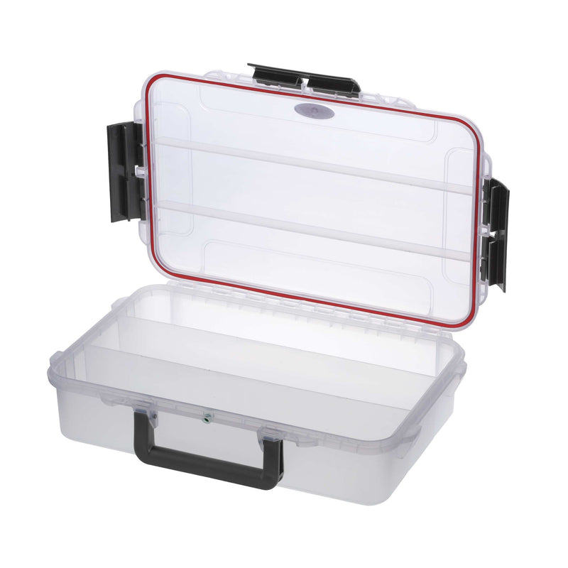 MAX004T opened with the clear lid raised and the clear base divided into three long compartments