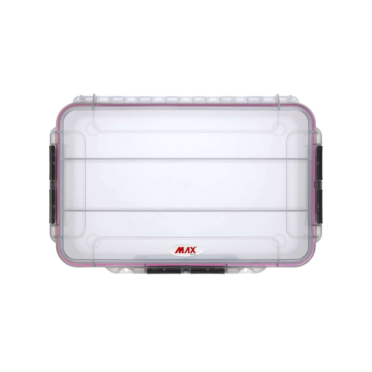 Top-down view of the closed MAX004T showing the compartment dividers through the lid and the MAX logo