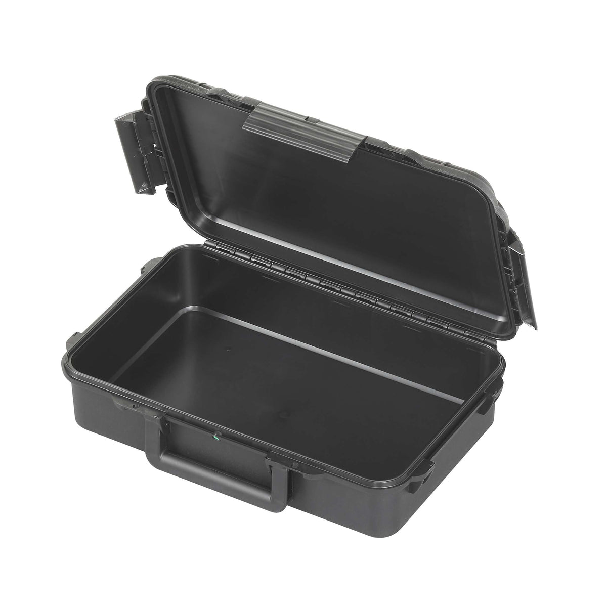 Empty MAX004 opened, lid tilted back to show the bare black base, lid recess and seal groove