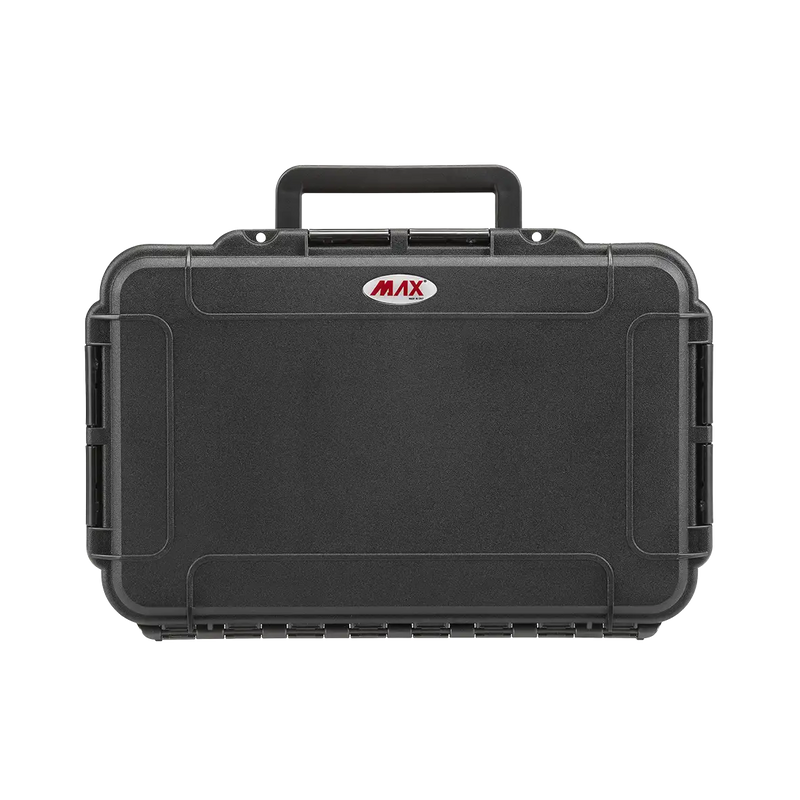Panaro MAX004V waterproof case in black, closed front view showing latches and moulded shell