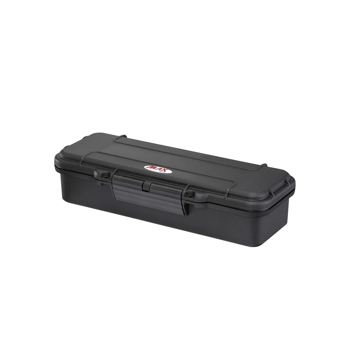 Closed black MAX005 case at an angle, a long narrow shell with two latches and the MAX logo