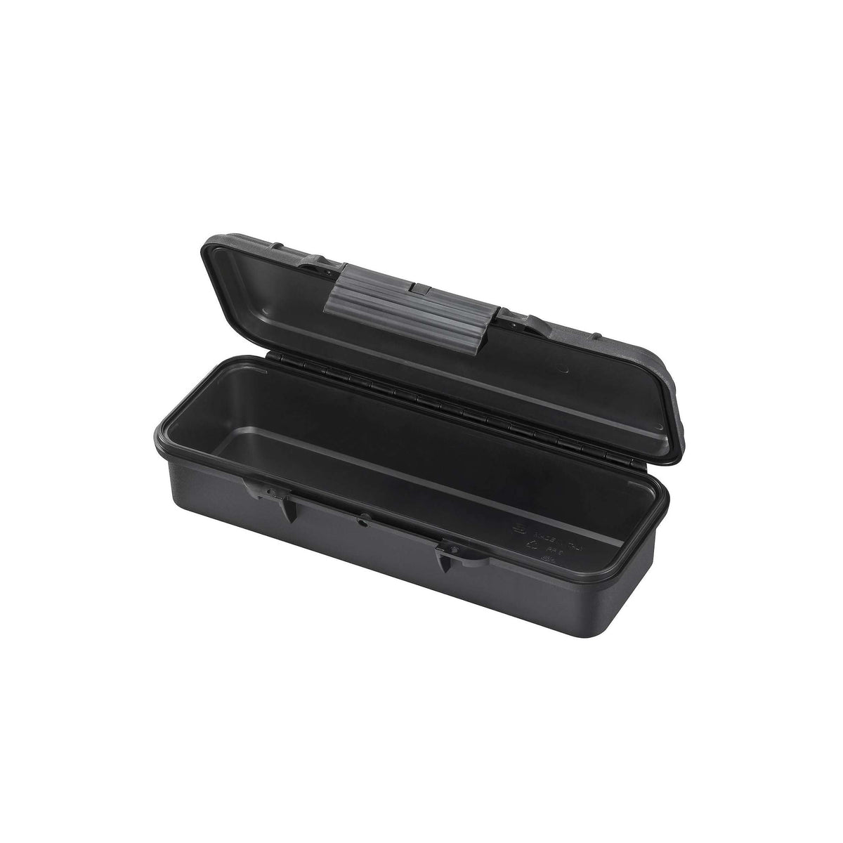 MAX005 opened and empty, the long black base and lid recess visible with the hinge along the back