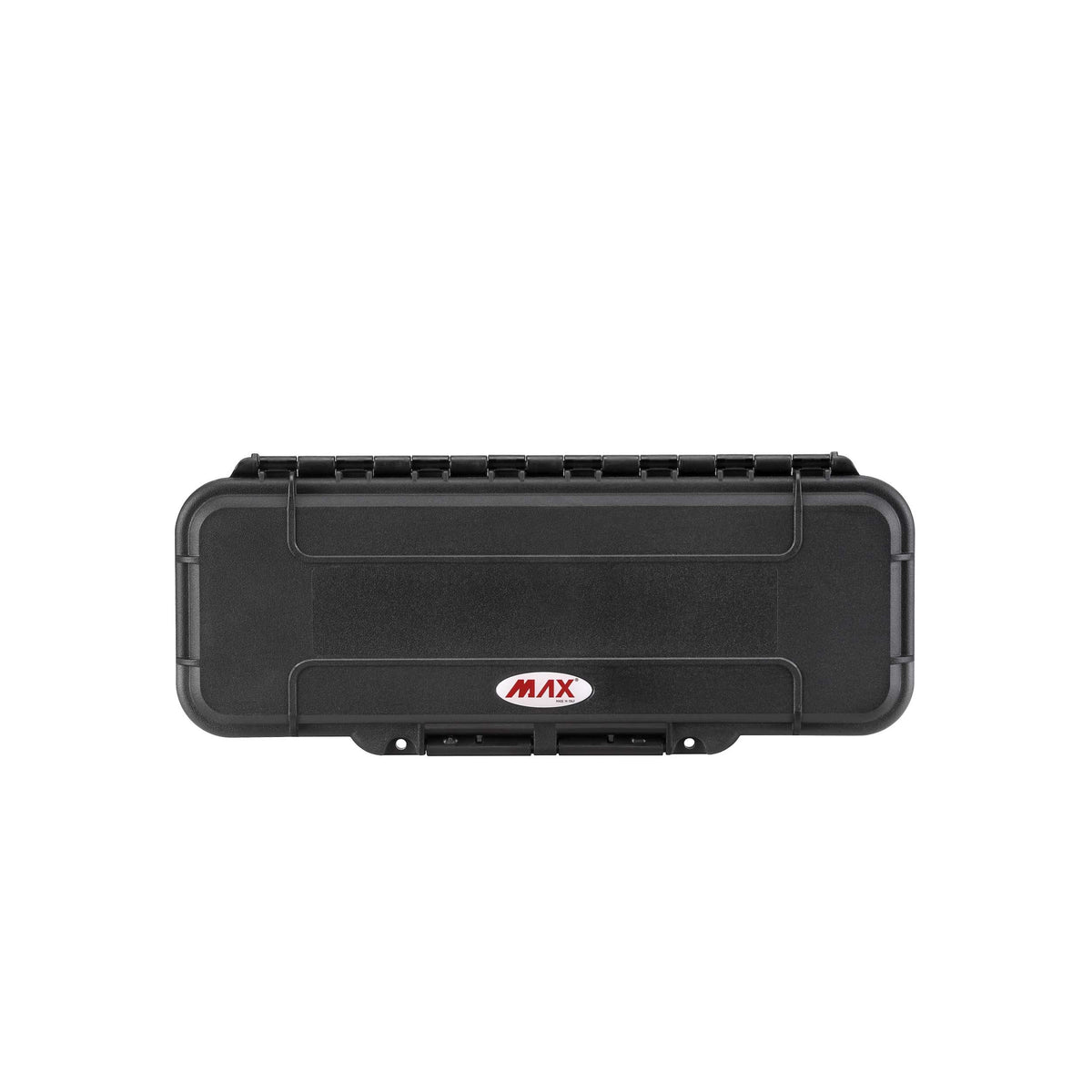Overhead view of the closed MAX005, a long rectangular black shell with latch tabs at the front