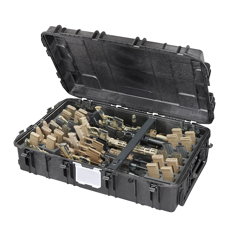 Panaro MAX1090H280GUN-H open with seven rifles laid in the foam slots and held by the cross bar