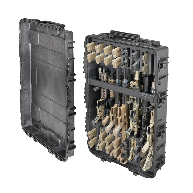 Panaro MAX1090H280 gun case stood upright with the lid off and rifles held in the foam