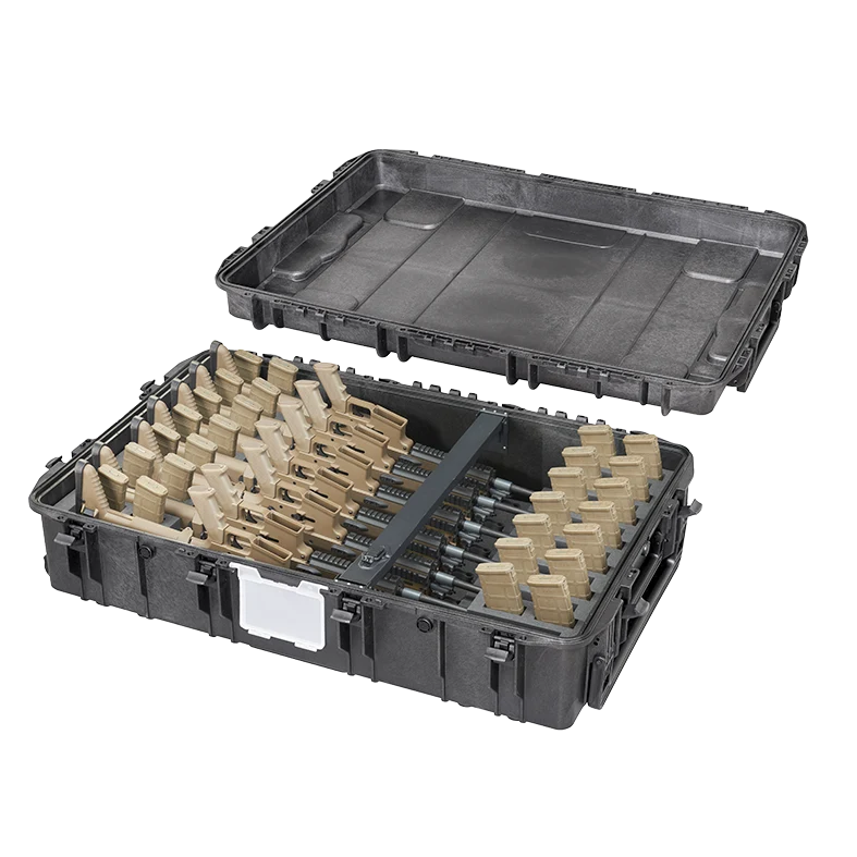 Panaro MAX1090H280GUN-R with lid removed and seven rifles seated in the foam slots
