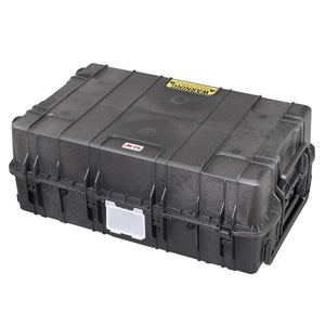 Panaro MAX1090H410-R large black waterproof case closed, yellow warning label on the removable lid