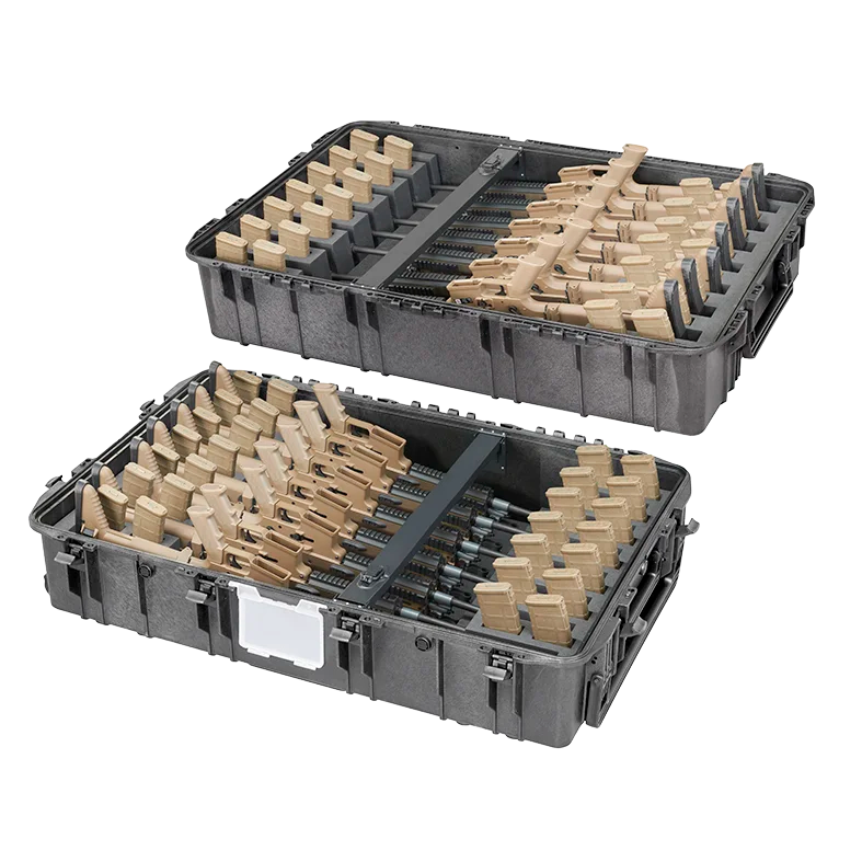 Panaro MAX1090H410GUN-R lid and base inlays loaded with rifles, each held by a cross bar