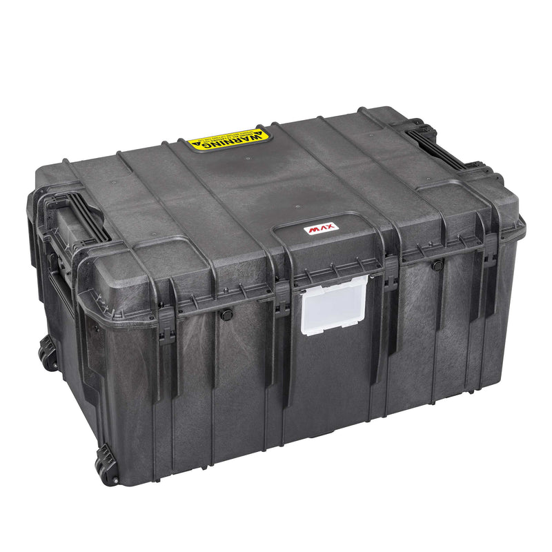 MAX1090H510-R closed from the other corner, showing the side handles, wheels at the base and the row of latches holding the removable lid