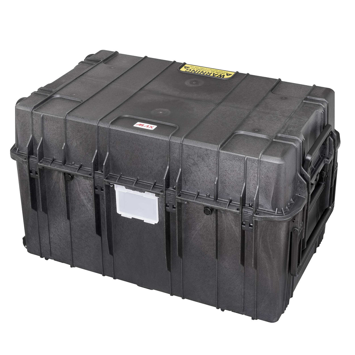 Panaro MAX1090H640-R tall black trunk case closed, three-quarter view with the deep removable lid, yellow warning label, MAX logo and clear document holder