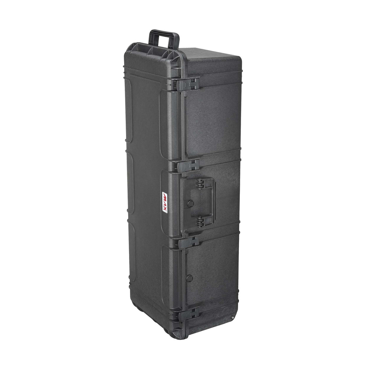 MAX1100H330S standing on its wheel end, side view showing latches and the top handle