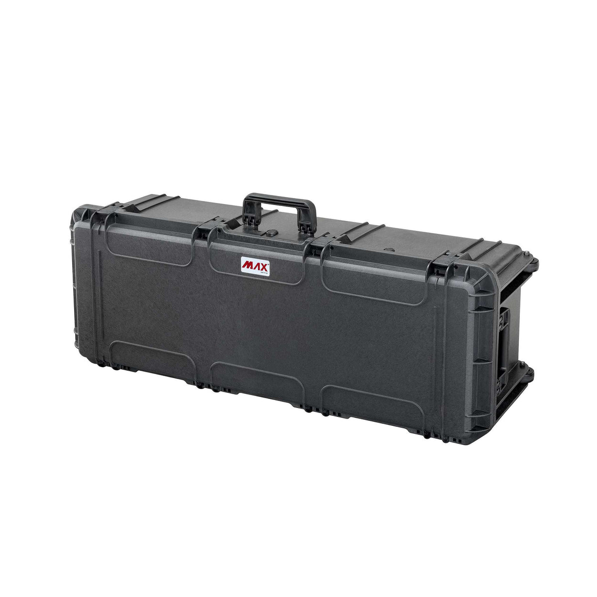 Panaro MAX1100H330 deep long black case closed, three-quarter view with the top carry handle, red MAX logo and latches