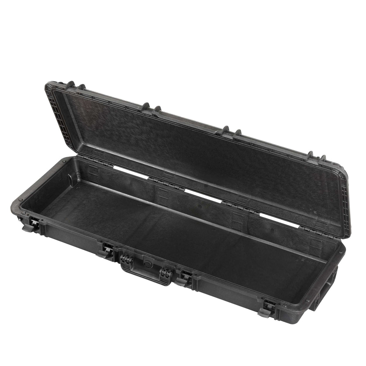 MAX1100 opened on its full length hinge with an empty black interior in both the lid and the base