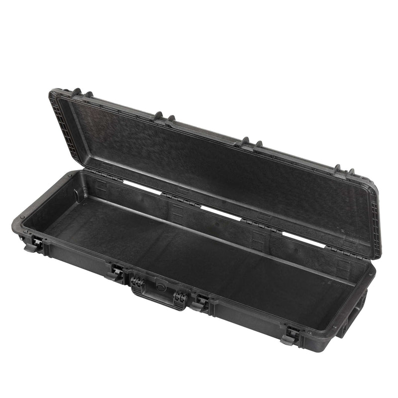 MAX1100 opened on its full length hinge with an empty black interior in both the lid and the base