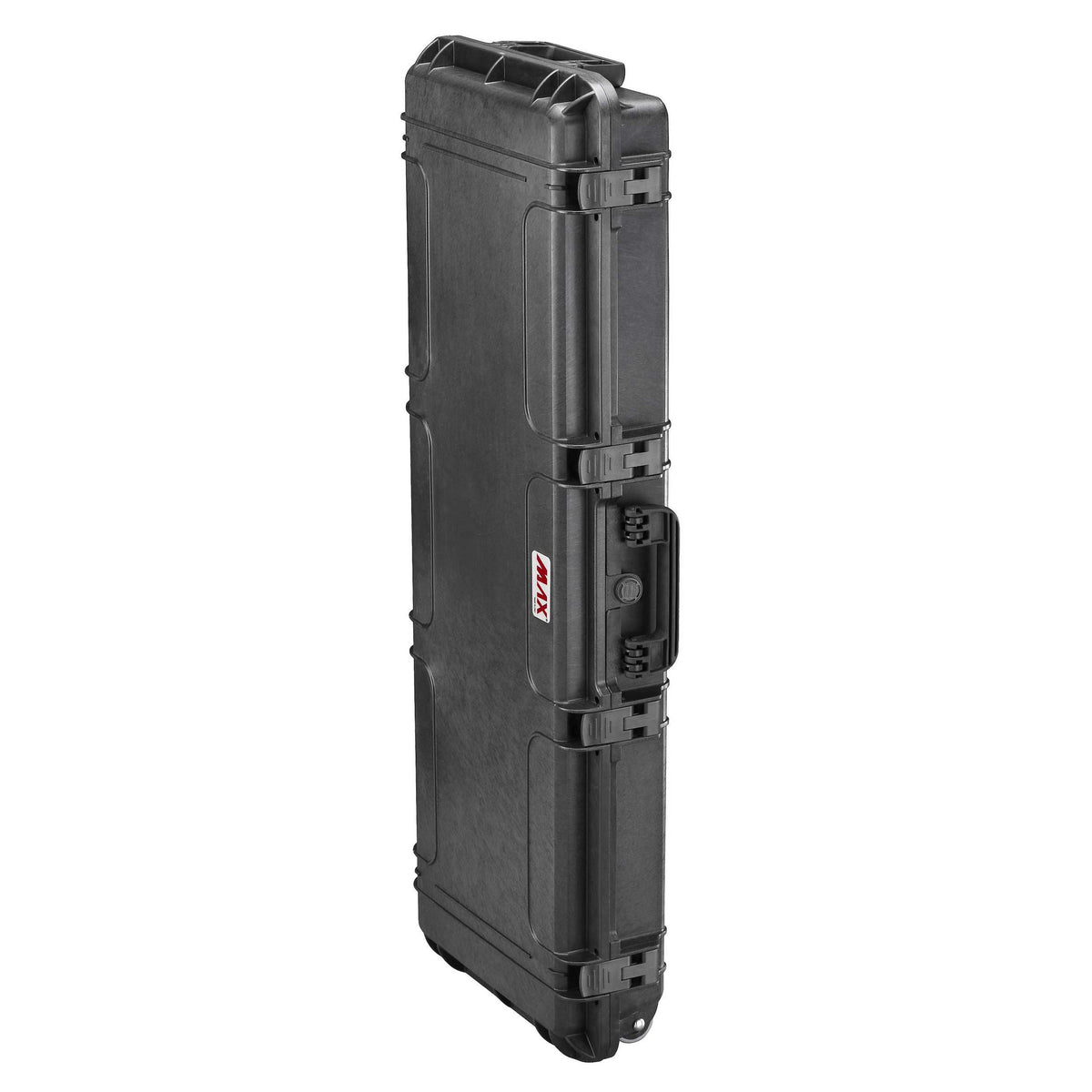 MAX1100 standing upright on its end, side view showing the latches and the handle at the top