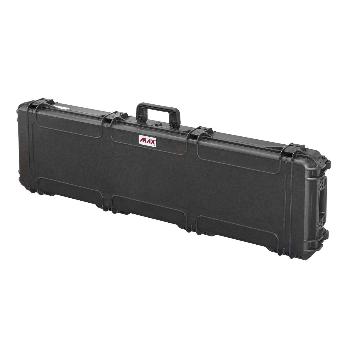 MAX1350S closed, three-quarter view of the extra long black case with centre handle, MAX logo and latches