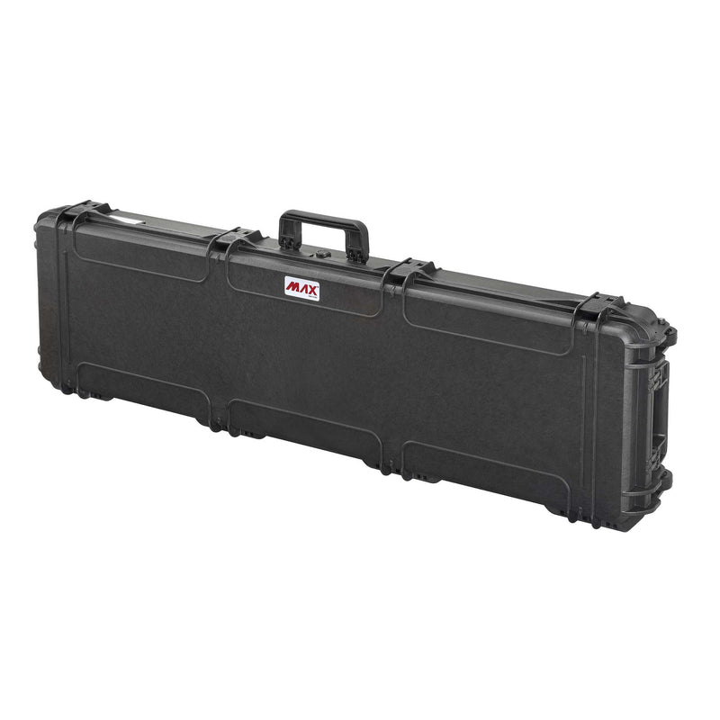 MAX1350S closed, three-quarter view of the extra long black case with centre handle, MAX logo and latches
