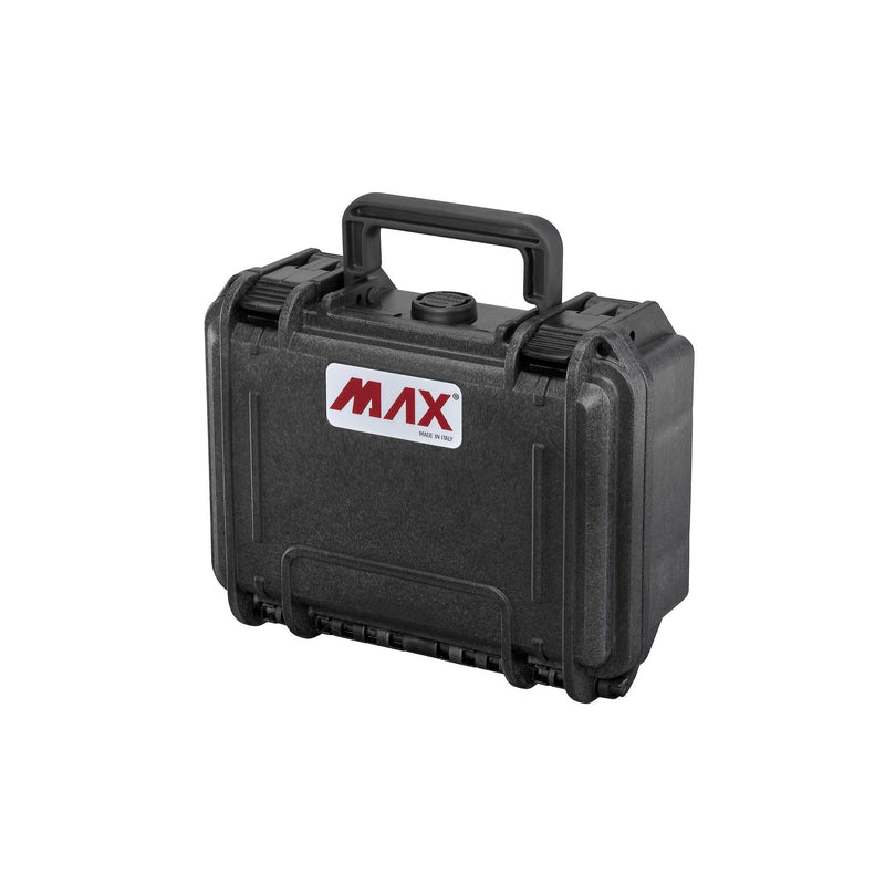 Closed MAX200 compact case in black, angled view of the handle, latches and the MAX label