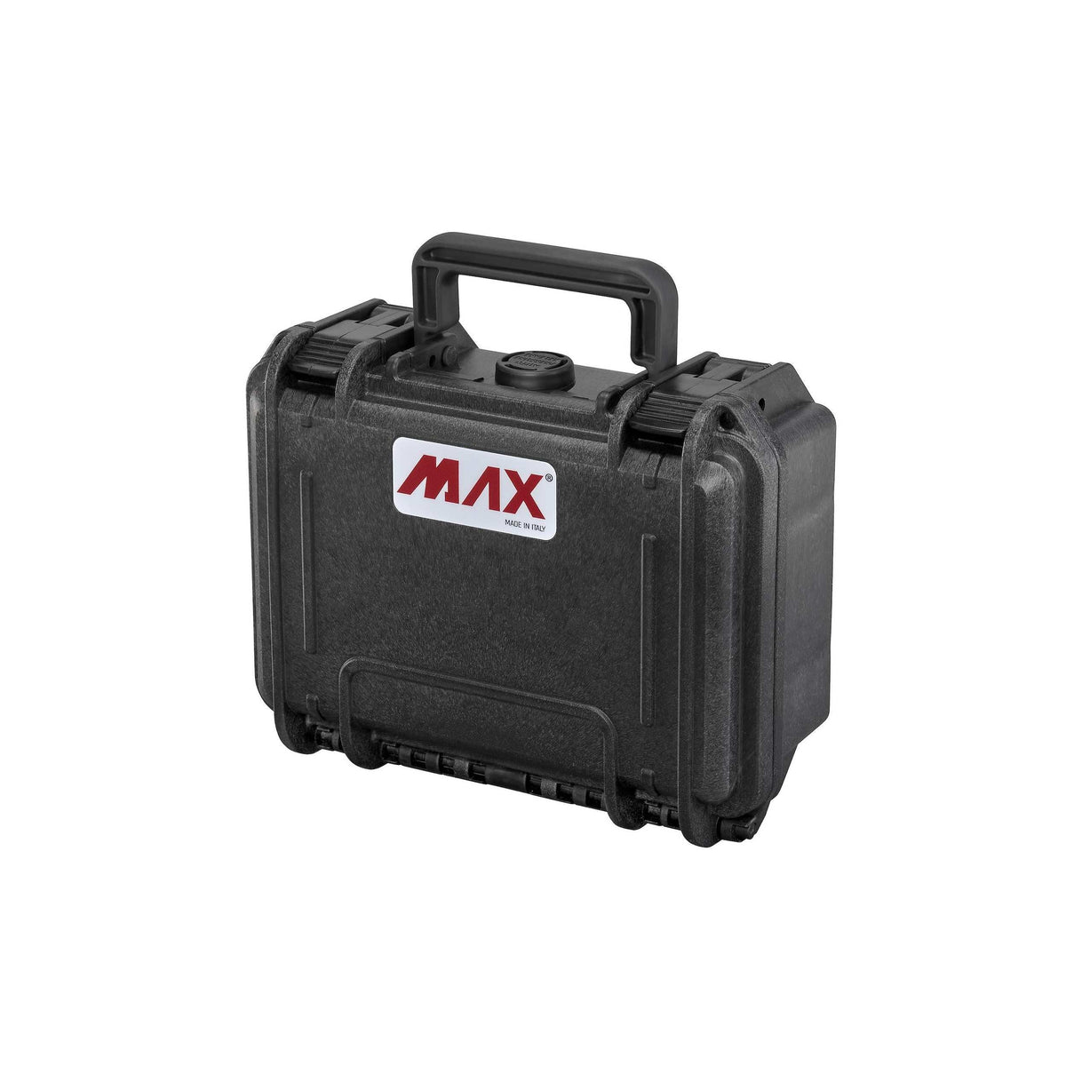 Panaro MAX200 black case closed, three-quarter view showing the carry handle, two latches, pressure valve and MAX logo