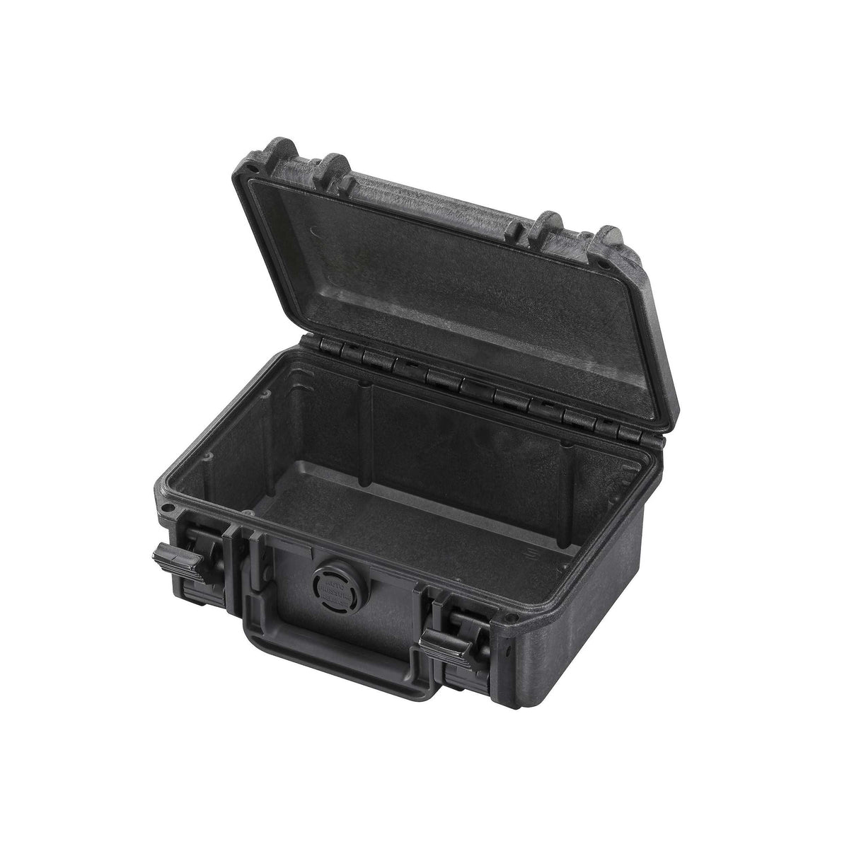 MAX200 open and empty, lid tilted back to show the deep black base, lid gasket channel and latches