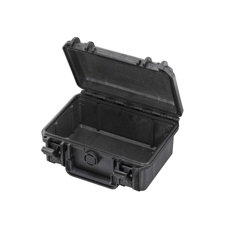 MAX200 open and empty, lid tilted back to show the deep black base, lid gasket channel and latches