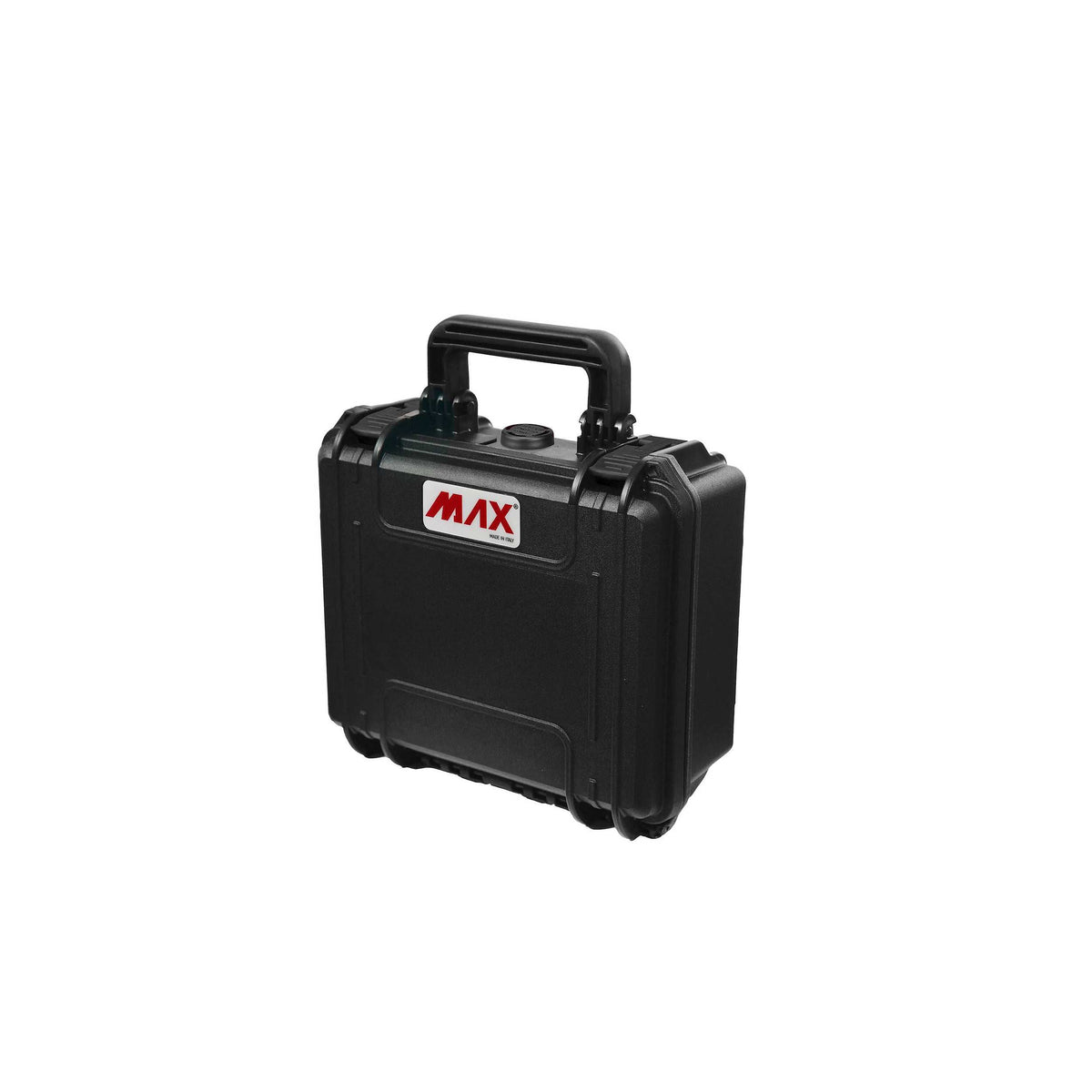 Panaro MAX235H105 black case closed, upright three-quarter view of the handle, latches and red MAX label