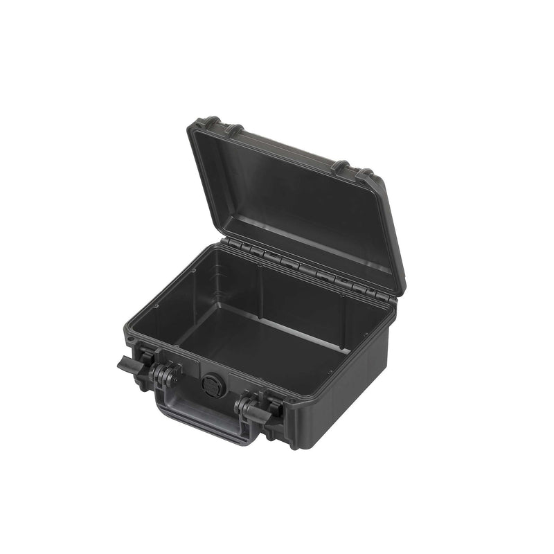 Empty MAX235H105 opened, showing the plain black base, the lid recess and the gasket channel