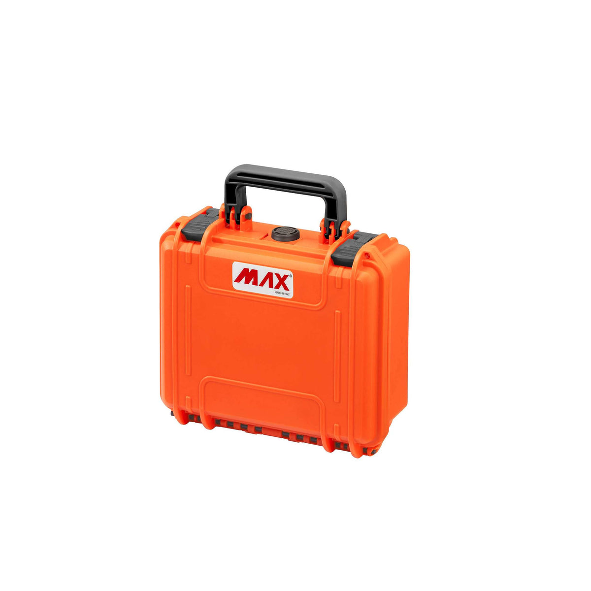 Panaro MAX235H105 orange case closed, upright angled view with black latches, black handle and MAX label