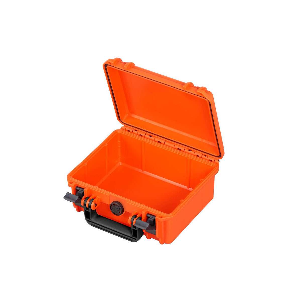 Orange MAX235H105 opened and empty, lid raised to show the bare orange base and the seal channel