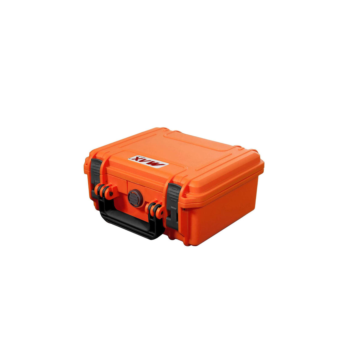 Closed orange MAX235H105 lying flat, front corner view showing the black latches and folded handle