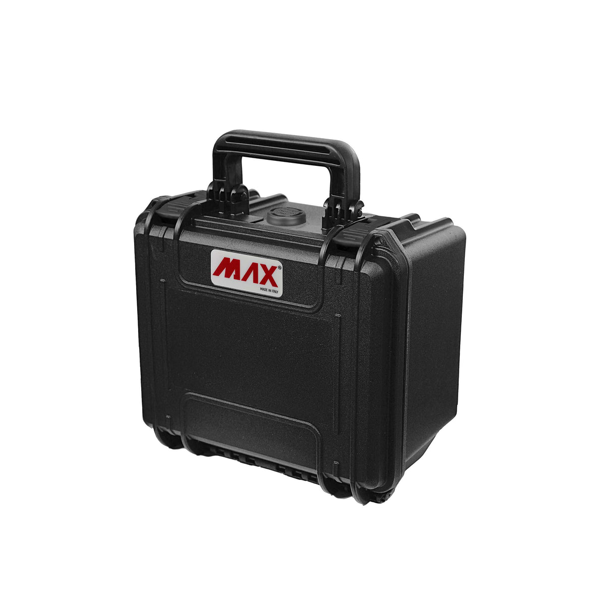Closed black Panaro MAX235H155 case seen at an angle, with the handle up and the red MAX logo on the front
