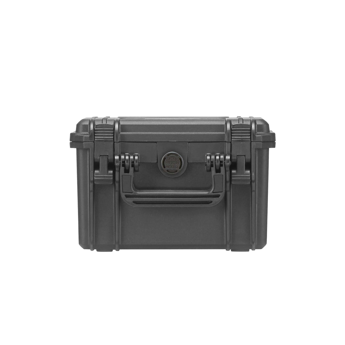 Straight-on view of the black MAX235H155 front: two latches, padlock holes and the round pressure valve