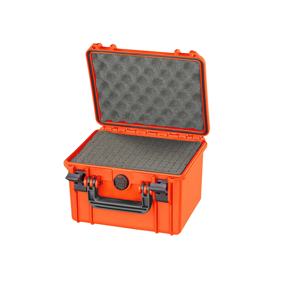 Orange MAX235H155S open: grey convoluted foam in the lid and a full block of cubed pick and pluck foam in the base
