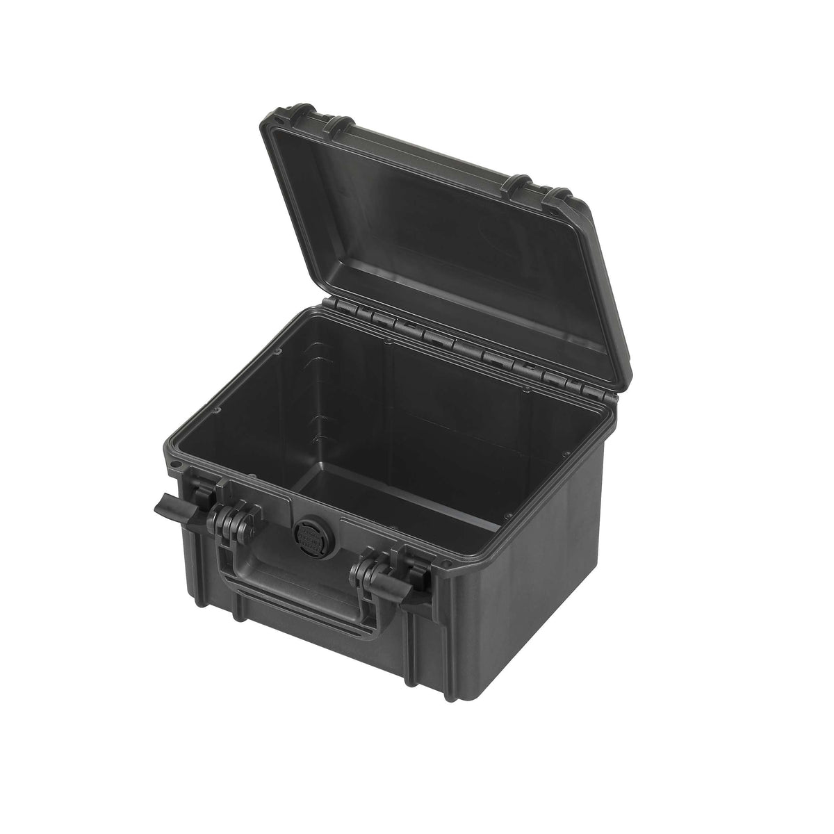Empty MAX235H155 opened, showing the deep black base, lid recess and gasket channel