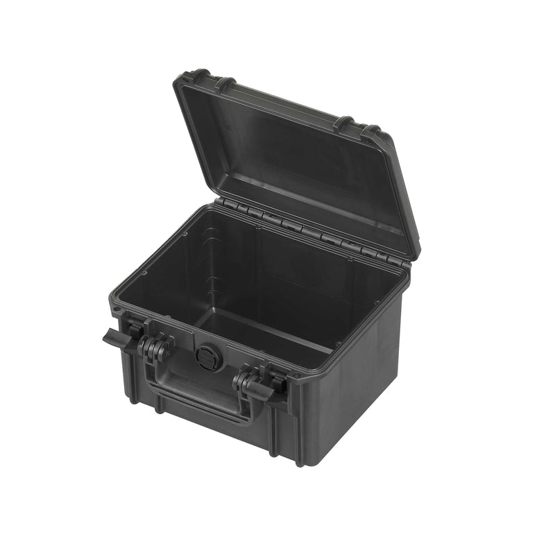 Empty MAX235H155 opened, showing the deep black base, lid recess and gasket channel