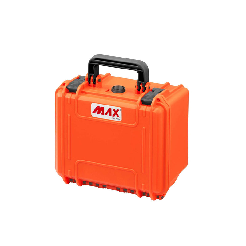 Panaro MAX235H155 watertight case in orange, closed, three quarter view with black handle, latches and red MAX logo label