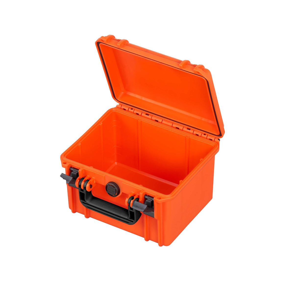 Orange MAX235H155 case open with the lid raised, showing the empty moulded interior with no foam fitted