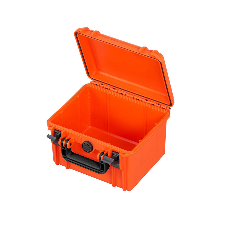 Orange MAX235H155 case open with the lid raised, showing the empty moulded interior with no foam fitted