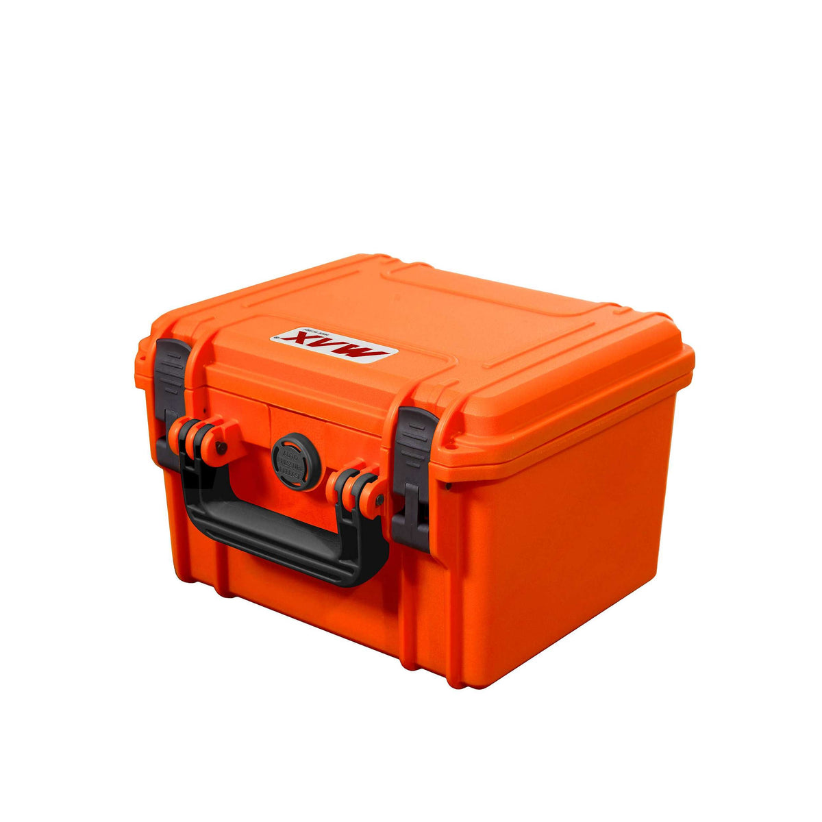 Orange MAX235H155 case lying flat, front view of the twin latches, carry handle and round pressure release valve