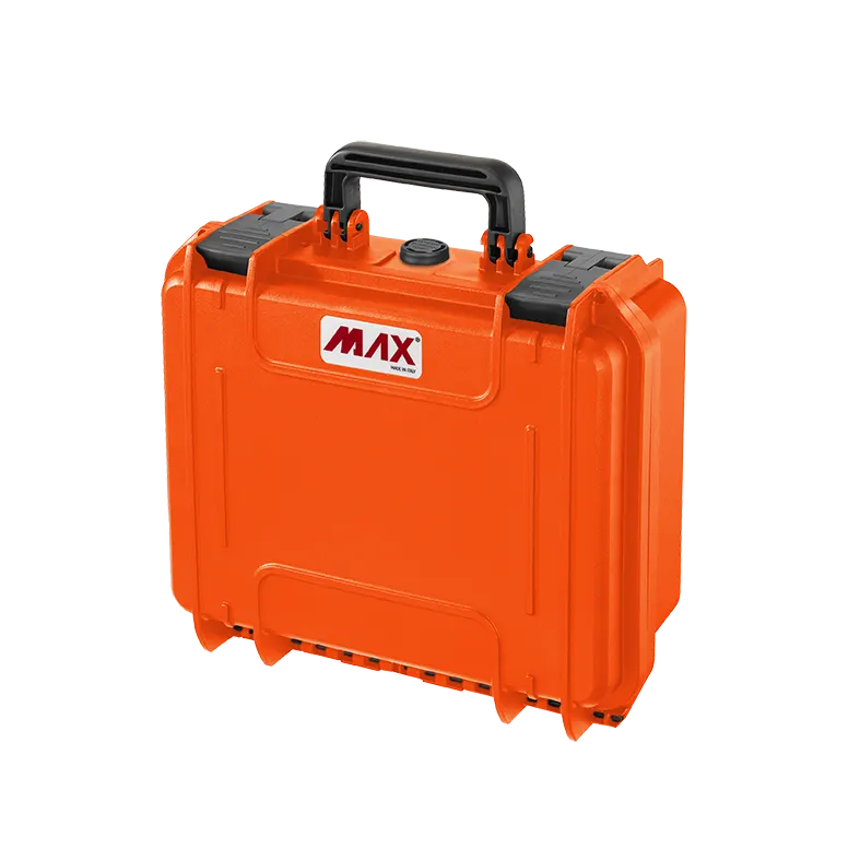 Panaro MAX300HDS waterproof case in orange, closed front view showing latches and moulded shell