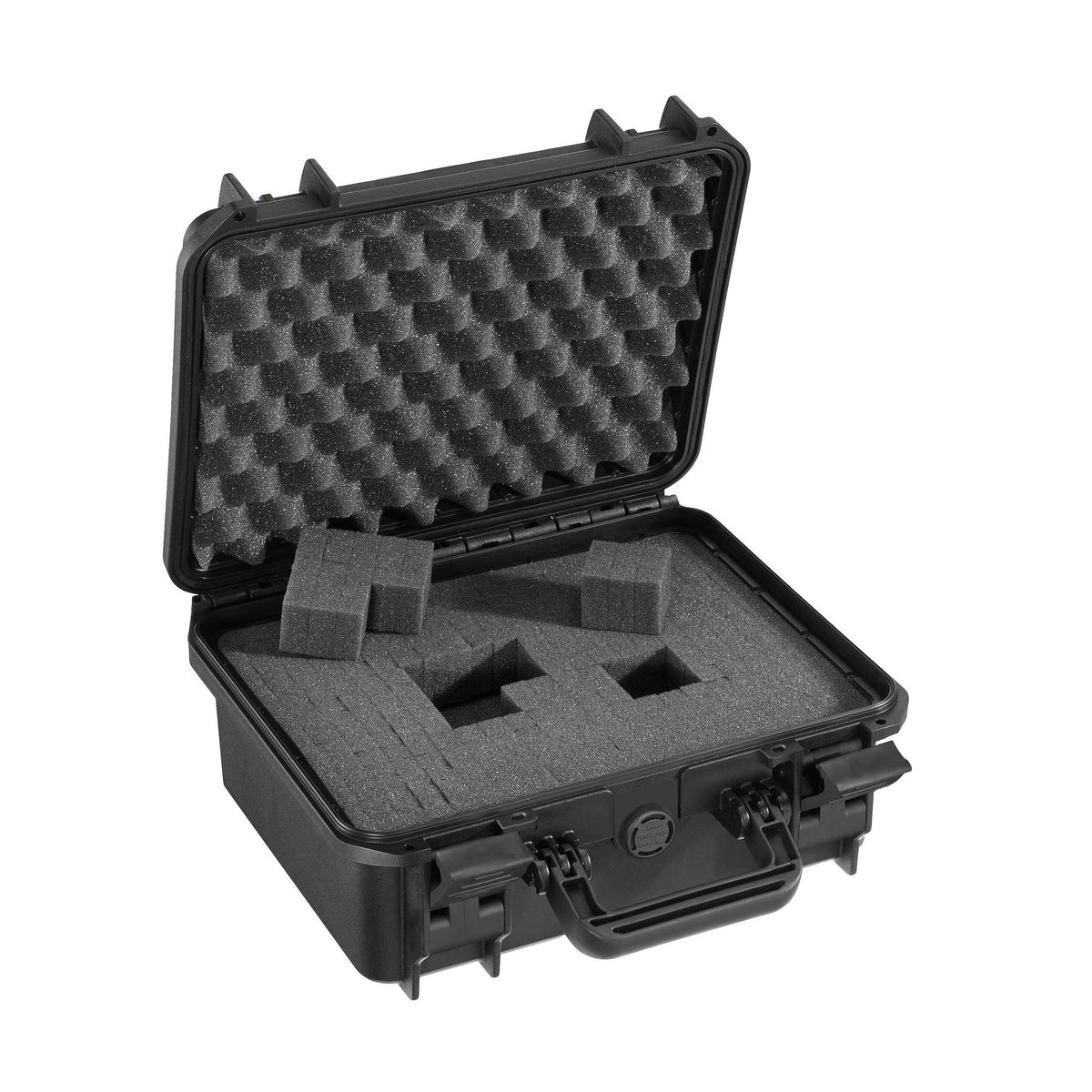 Black MAX300S open: egg-crate foam in the lid and cubed foam in the base with a few cubes plucked out to form pockets